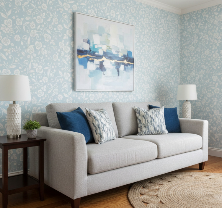 Tapeta natura z niebieskim kwiatowym ornamentem - TenStickers