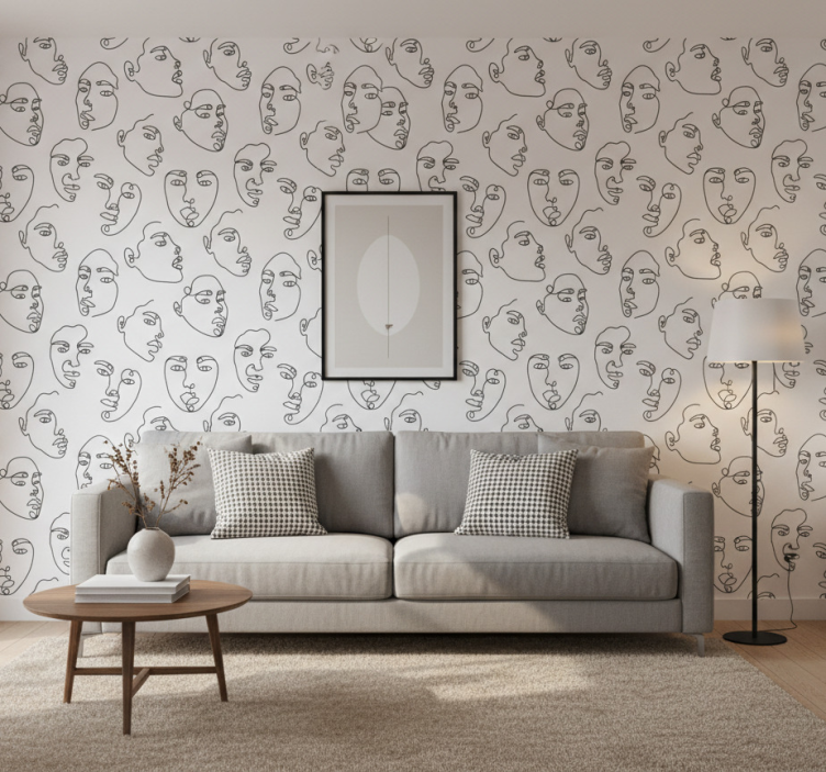 Tapeta nowoczesna w wzór twarzy w linii - TenStickers