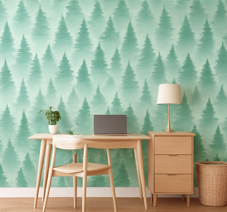 Tapeta pejzaż mglisty las sosnowy - TenStickers