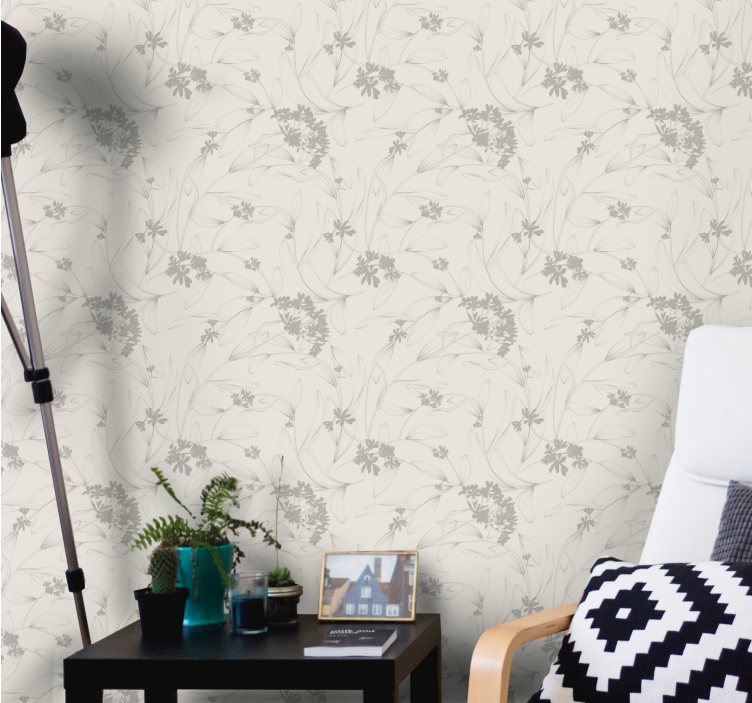 Tapeta kwiaty z beżowym wzorem konturowym - TenStickers