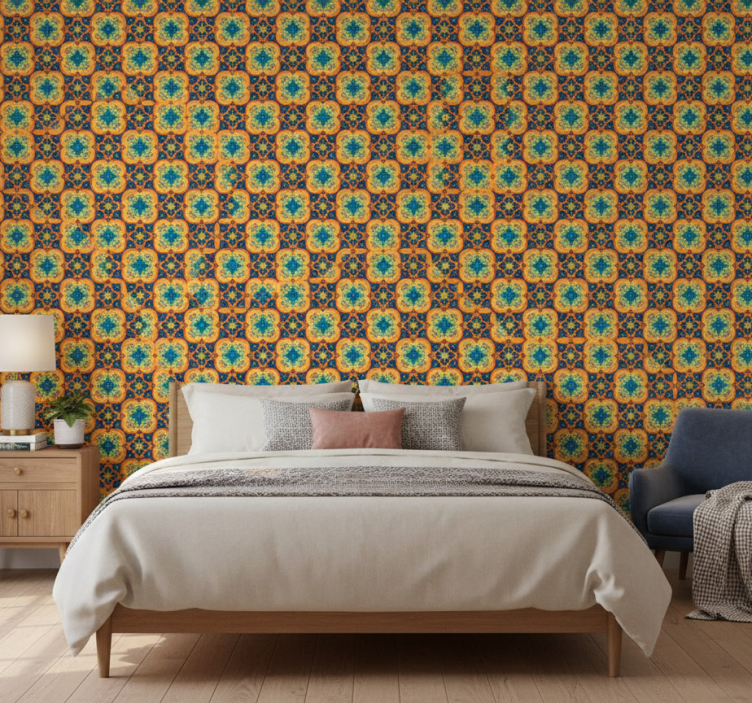 Tapeta tekstura żółto-niebieski orientalny boho wzór - TenStickers