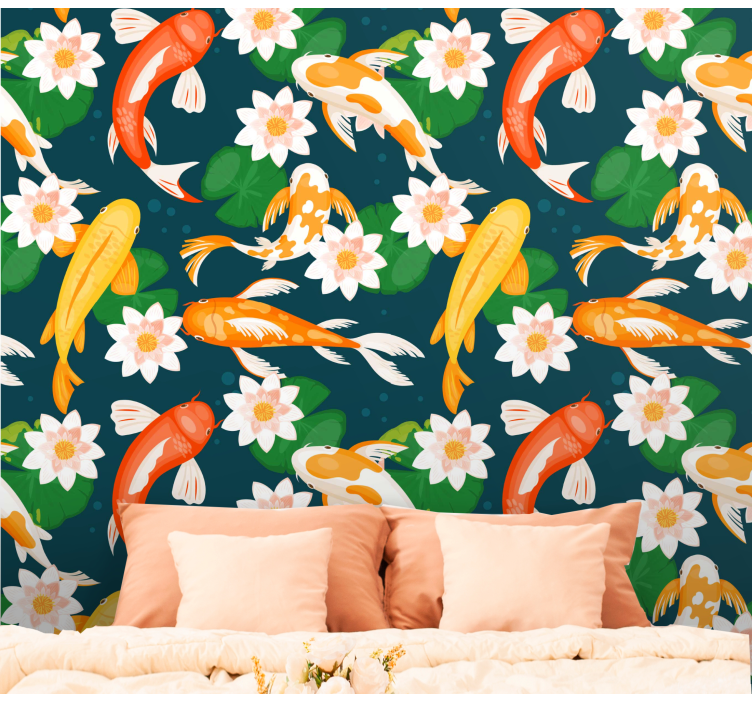 Tapeta kwiaty Biały lotos i ryba - TenStickers