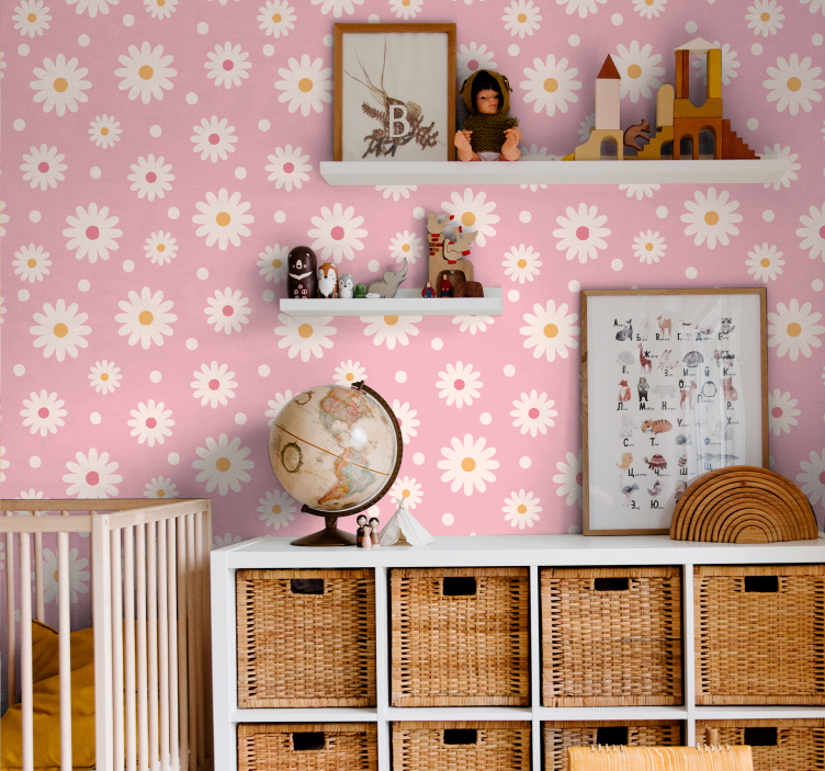 Tapeta kwiaty Vintage stokrotki z różowym tłem - TenStickers