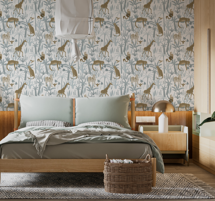 Tapeta do sypialni wzór dżungli w pastelowym kolorze - TenStickers