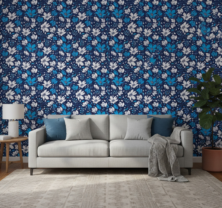 Tapeta wzory i tekstury białe stokrotki na niebieskim tle - TenStickers