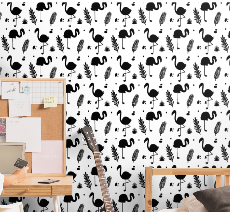 Tapeta zwierzęta wzór liści flamingów - TenStickers