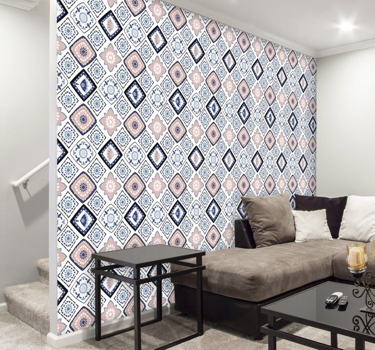 Tapeta różowe i jasnoniebieskie kwiaty - TenStickers