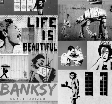 Tapeta artystyczna Banksy - szary kolaż - TenStickers