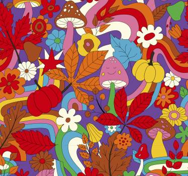Tapeta w kwiaty wzór psychodeliczny retro kolorowy - TenStickers