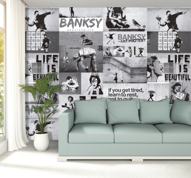 Tapeta artystyczna Banksy - szary kolaż - TenStickers