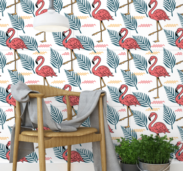 Tapeta do sypialni tropikalne liście z flamingami - TenStickers