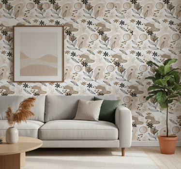 Tapeta kwiaty w stylowy różowo-beżowy wzór liści - TenStickers
