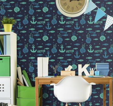 Tapeta morski wzór kotwice i ryby - TenStickers