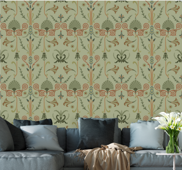 Tapeta do salonu zielony klasyczny wzór w kwiaty vintage - TenStickers