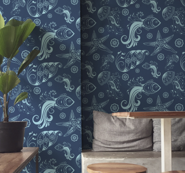 Tapeta ryby motywy szkicu morskiego - TenStickers